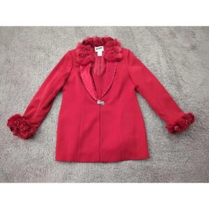 Vintage ML‎ Studio Blazer Womens 14 Red Faux Fur Trim Rhinestone Embellishments